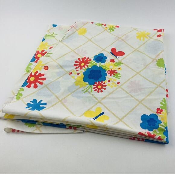 1960s Mod Retro Flower Power Table cloth Round Butterfly Blue Red Yellow 68" Che - Picture 11 of 14